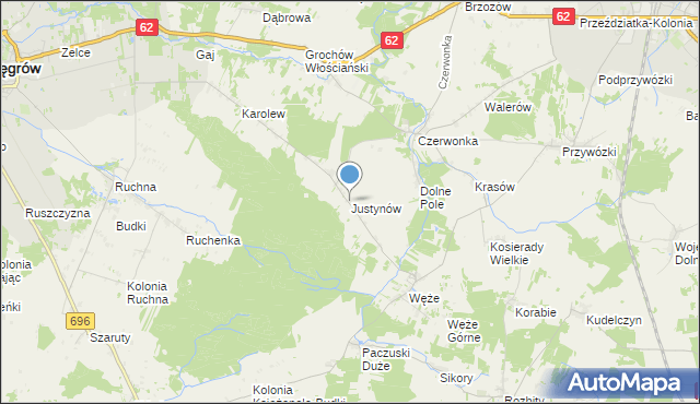 mapa Justynów, Justynów gmina Sokołów Podlaski na mapie Targeo